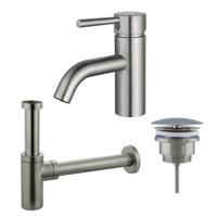 Fortifura Calvi Wastafelkraanset - lage wastafelkraan - always open plug - design sifon - Geborsteld RVS PVD (RVS) SW377856/SW696207/SW696212