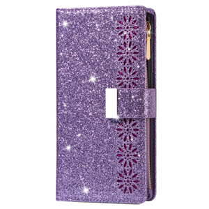 iPhone 16 hoesje - Bookcase - Koord - Pasjeshouder - Portemonnee - Glitter - Bloemenpatroon - Kunstleer - Paars