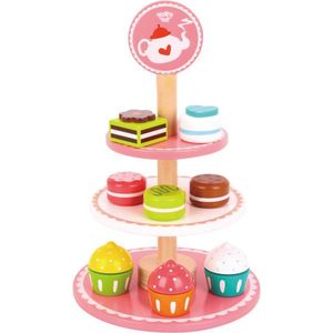 Tooky toy Houten Etagère met Gebakjes Roze/Wit 12-delig