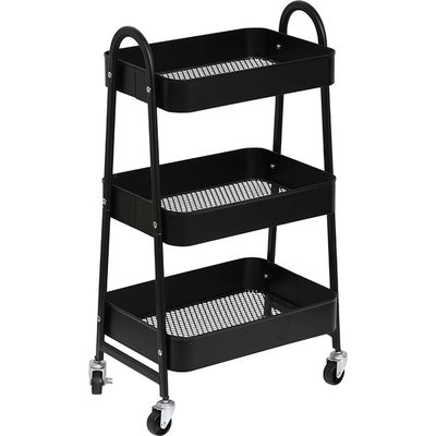 Multifunctionele Trolley 3 Laags - Opbergtrolley - Tafel op wieltjes - Industriële trolley- Karretje op wielen - Serveerwagen - Metaal - Zwart - 79x43x31cm - Keuken - Woonkamer - Slaapkamer