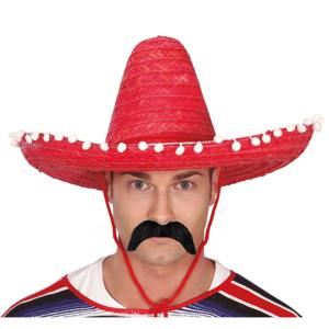 Mexicaan Carnaval verkleed set - Grote sombrero hoed - Dia 50 cm - rood - met plaksnor - heren