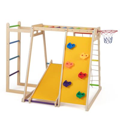 6-in-1 Indoor Klimrek Speeltuin met Glijbaan Klimwand Basketbalring Apenstang Touwnet & Ladder