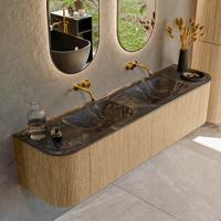 Mondiaz KURVE-DLUX 180 cm Onderkast Greeploos 2 Lades Met Deuren Oak, Wastafel Solid Surface Dubbel Lava 0 Kraangaten Zonder Spiegel (KRVLEA180L+R2L2D0KD-Oak/Lav)