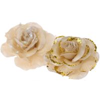 2x stuks decoratie bloemen rozen goud op clip 9 cm   - - thumbnail