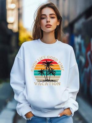 Bon&Bon Women's Coconut Surfing Letter Print Loose Pullover Sweatshirt White / L