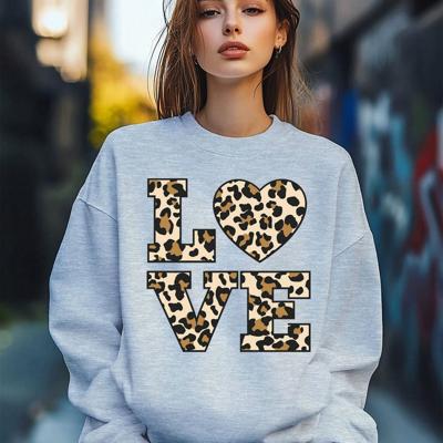 Women's Leopard Love Print Sweatshirt - Loose Crew Neck Pullover Grey / M