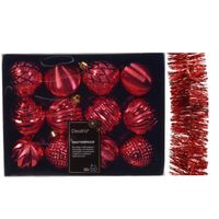 12x st gedecoreerde kerstballen 6 cm incl. folieslinger - rood - kunststof