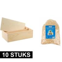 Houten wijnkistjes - 10x - met schuifdeksel - 35 x 20 x 11 cm - met houtwol - dubbel vaks