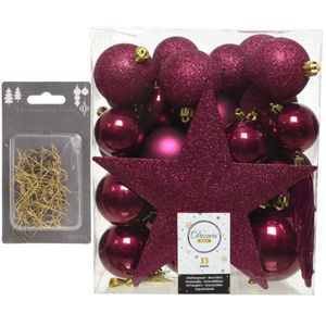 33x stuks kunststof kerstballen 5, 6 en 8 cm framboos roze inclusief ster piek en kerstbalhaakjes