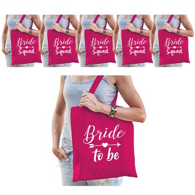 Vrijgezellenfeest dames tasjes/ goodiebag pakket: 1x Bride to Be roze+ 5x Bride Squad roze