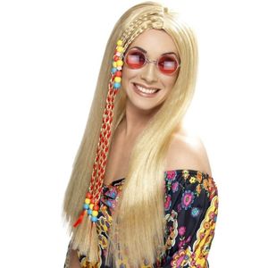 Lange blonde hippie sixties pruik met vlechtjes   -