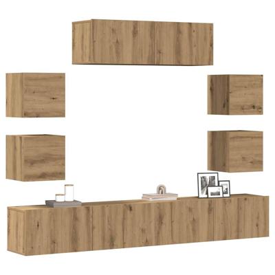 7-delig Tv-meubelset wandmontage bewerkt hout artisanaal eiken