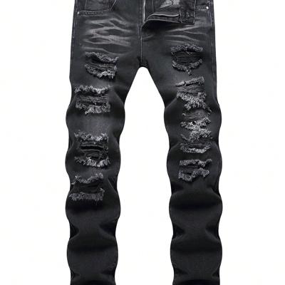 Men's Ripped Distressed Denim Jeans - Black Slim Fit Skinny Black / 28