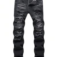 Men's Ripped Distressed Denim Jeans - Black Slim Fit Skinny Black / 28