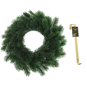 Kunst kerstkrans groen 35 cm met gouden hanger - Kerstkransen