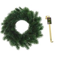 Kunst kerstkrans groen 35 cm met gouden hanger - Kerstkransen - thumbnail