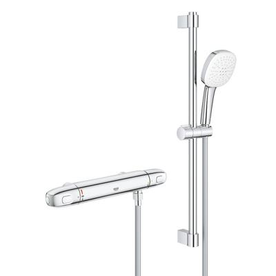 GROHE Grohtherm 1000 Doucheset - thermostatische douchekraan - HOH=15cm - met glijstangset - 60cm - vierkante handdouche - 2 straalsoorten - gladde doucheslang - chroom 34819005