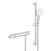 GROHE Grohtherm 1000 Doucheset - thermostatische douchekraan - HOH=15cm - met glijstangset - 60cm - vierkante handdouche - 2 straalsoorten - gladde doucheslang - chroom 34819005