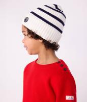 Gestreepte PETIT BATEAU muts voor kinderen van gebreide stof met fleece voering marineblauw