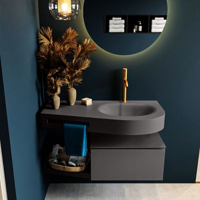 MONDIAZ RIVA 100cm badmeubel onderkast / planchet kleur Dark_Grey met 1 lade. Wastafel DULCET rechts 1 kraangat kleur Dark_Grey.