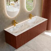 Badmeubel Mondiaz Kurve-Dlux | 140 cm cm | Meubelkleur Ruby | Wastafelkleur Glace | Solid surface | Wasbak beiden zijden spoelbak | 2 kraangaten
