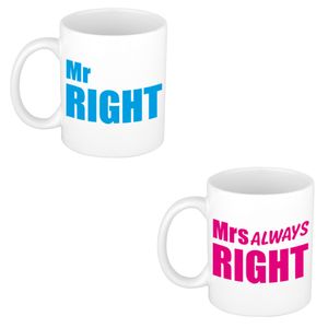 Mr right en mrs always right cadeau mok / beker wit met blauwe en roze letters 300 ml