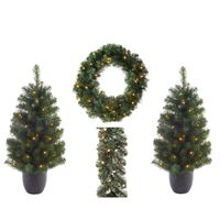 Kerst voordeur versiering kerstbomen, kerstkrans en dennenslinger set met licht - Kunstkerstboom - thumbnail