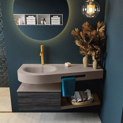 MONDIAZ RIVA 120cm badmeubel onderkast / planchet kleur Antracite met 1 lade. Wastafel DULCET links 1 kraangat kleur Smoke. MONDIAZ RIVA 120cm badmeubel onderkast / planchet kleur Antracite met 1 lade. Wastafel DULCET links 1 kraangat kleur Smoke.