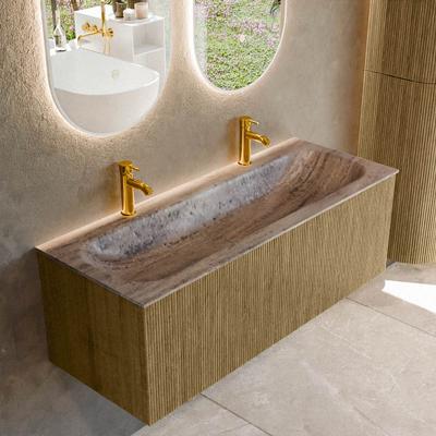Badmeubel Mondiaz Kurve-Dlux | 120 cm | Meubelkleur Dusk | Wastafelkleur Oza | Solid surface | Wasbak midden spoelbak | 2 kraangaten