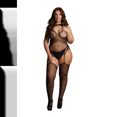 Le Désir by Shots Contrast Fence Net Suspender Bodystocking - Plus Size