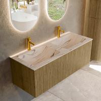 Badmeubel Mondiaz Kurve-Dlux | 120 cm | Meubelkleur Dusk | Wastafelkleur Nata | Solid surface | Wasbak beide zijden spoelbak | 2 kraangaten