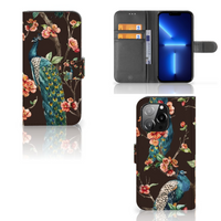 iPhone 13 Pro Telefoonhoesje met Pasjes Pauw met Bloemen - thumbnail