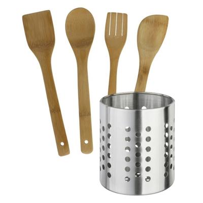 Gerimport Keukengerei - houten spatels set 4-delig - RVS houder - Keuken pollepels/spatel - bamboe