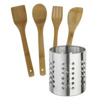 Gerimport Keukengerei - houten spatels set 4-delig - RVS houder - Keuken pollepels/spatel - bamboe