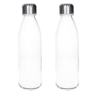 Waterfles/drinkfles - 2x - transparant - met RVS dop - 650 ml - glas - Sportfles - Bidon