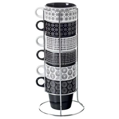 Koffiemokken Artista - 6x stuks in metalen rekje - Keramiek - glans afwerking - 260 ml - 8 x 9 cm