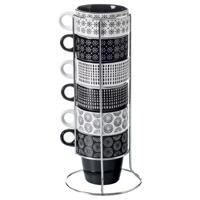 Koffiemokken Artista - 6x stuks in metalen rekje - Keramiek - glans afwerking - 260 ml - 8 x 9 cm