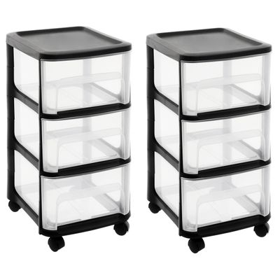 2x stuks ladenkast organizers zwart A4 3x lades met wieltjes L32 x B37 x H61 cm