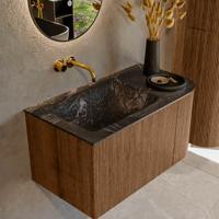 Mondiaz KURVE-DLUX 85 cm Onderkast Greeploos 1 Lade Met Deuren Walnut, Wastafel Solid Surface Links Lava 0 Kraangaten Zonder Spiegel (KRVCLO85R1L1D0KL-Wal/Lav)