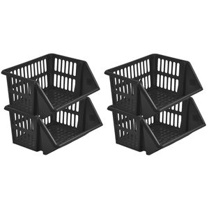 Mand/organizer - 4x - stapelbaar - zwart - 35 x 29 x 27 cm