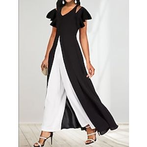 Dames Jumpsuit Splitsen Effen Kleur V-hals Elegant liiketoiminta Dagelijks Recht Normale pasvorm Korte mouw Vlinder Zwart Wit blauw S M L Alle seizoenen Lightinthebox