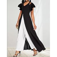 Dames Jumpsuit Splitsen Effen Kleur V-hals Elegant liiketoiminta Dagelijks Recht Normale pasvorm Korte mouw Vlinder Zwart Wit blauw S M L Alle seizoenen Lightinthebox - thumbnail