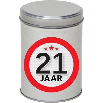Cadeau Snoepblik - 21 jaar verjaardag - 9x13 cm - met leeftijd sticker