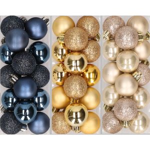 42x stuks kleine kunststof kerstballen goud, champagne en donkerblauw 3 cm