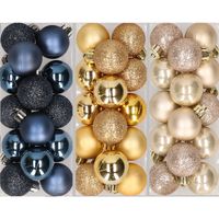 42x stuks kleine kunststof kerstballen goud, champagne en donkerblauw 3 cm