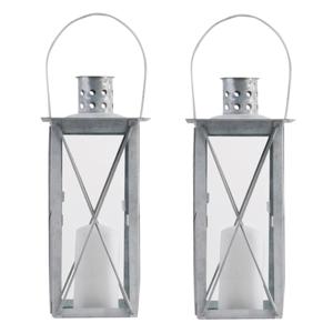 Flancy Flames Lantaarn - Set van 2x stuks - zink - windlicht - zilverkleurig - 25 cm