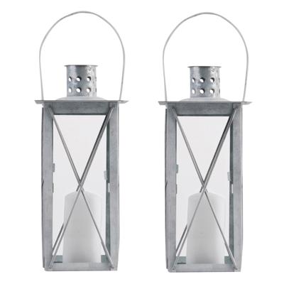 Flancy Flames Lantaarn - Set van 2x stuks - zink - windlicht - zilverkleurig - 25 cm