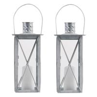 Flancy Flames Lantaarn - Set van 2x stuks - zink - windlicht - zilverkleurig - 25 cm