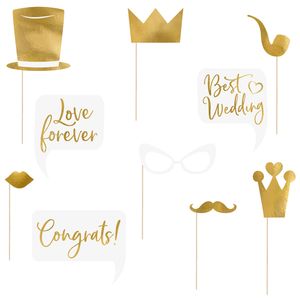 PartyDeco foto prop set Gold - Bruiloft - goud/wit - set 10x stuks - 7-22 cm - Fotoprops