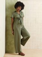 Ruime jumpsuit met korte mouwen voor zwangerschap en borstvoeding in lyocell olijf - thumbnail